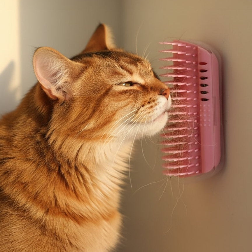 Cat interacting with a pink wall-mounted pet grooming brush