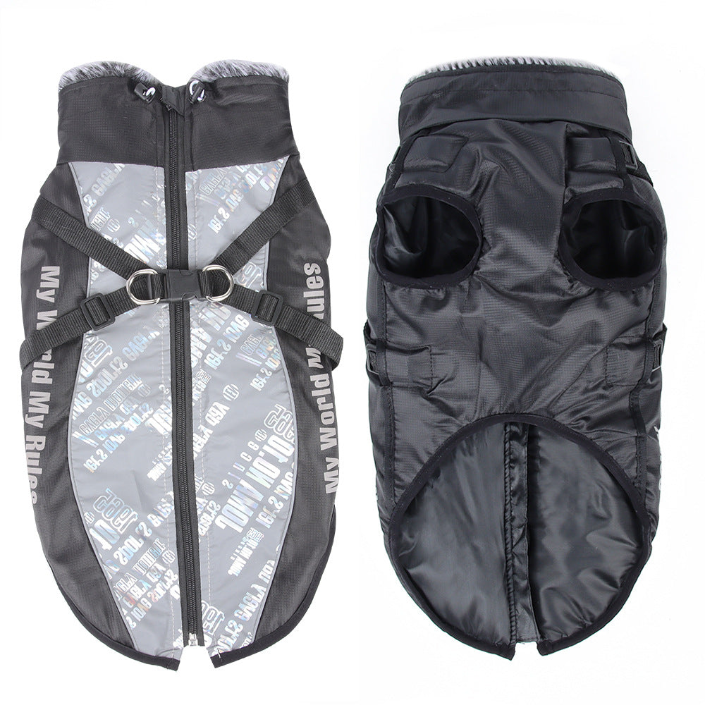 Two views of a black dog coat with text pattern on a white background