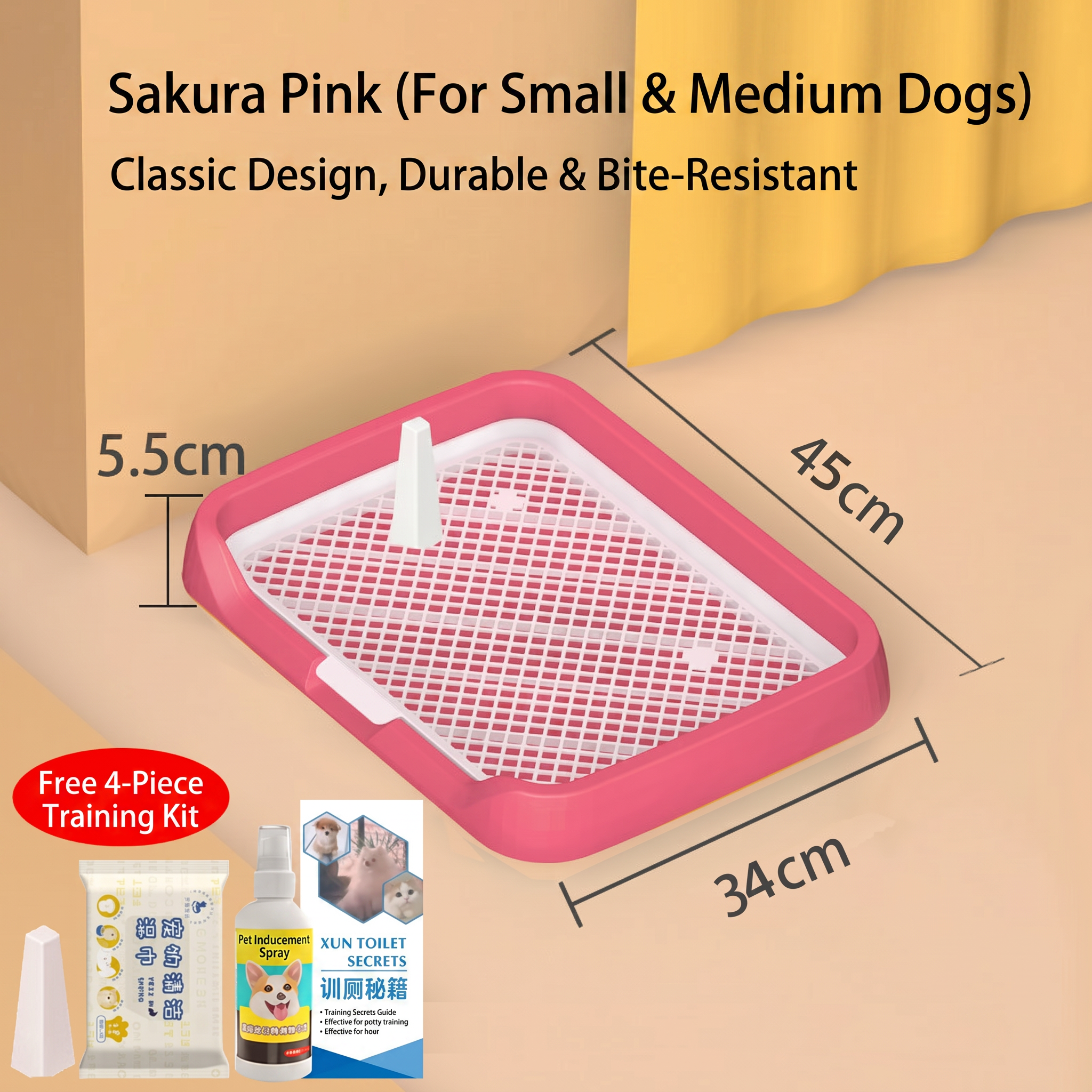 Pink pet training tray with measurements and accessories on a beige background