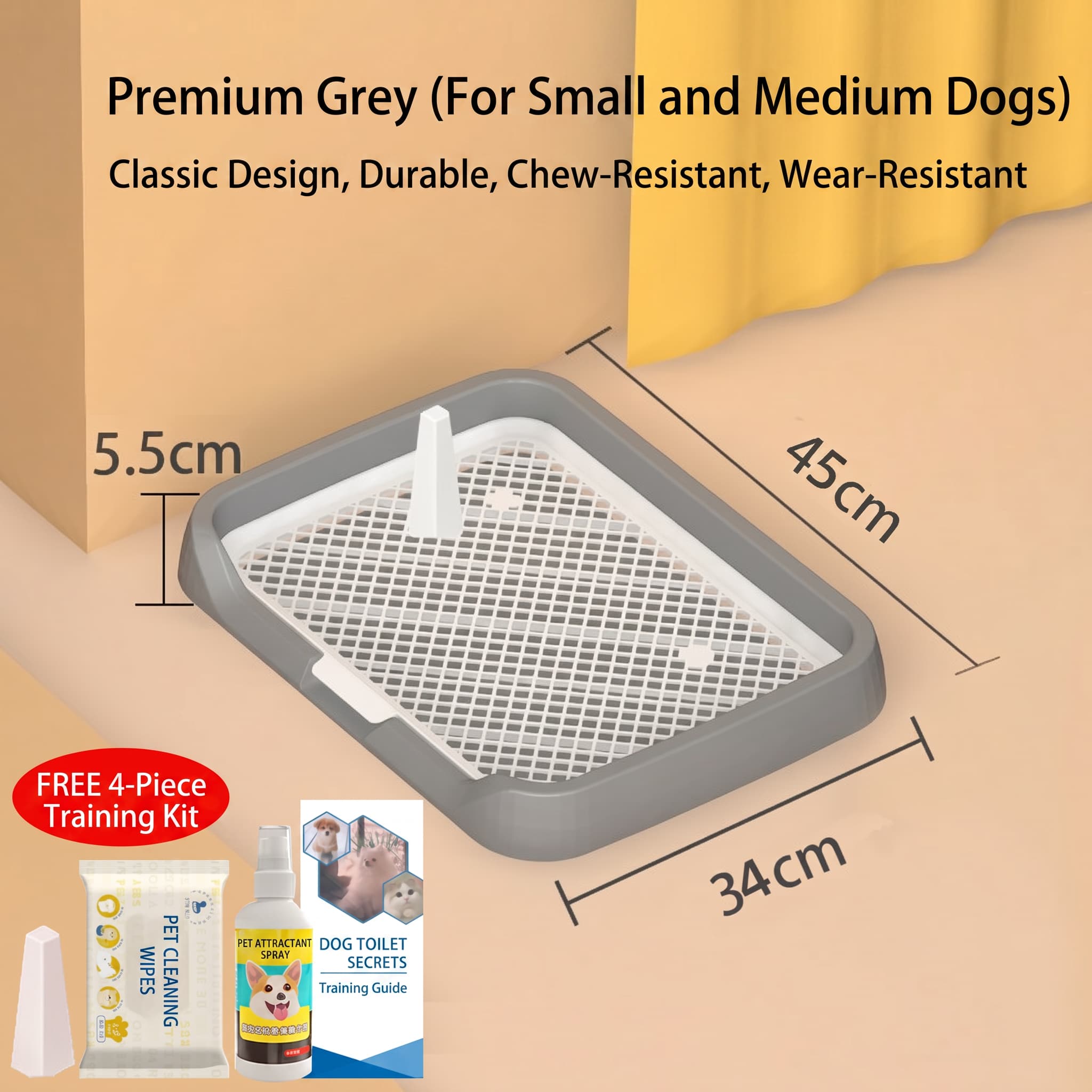 Pet training tray with dimensions and accessories on a beige background