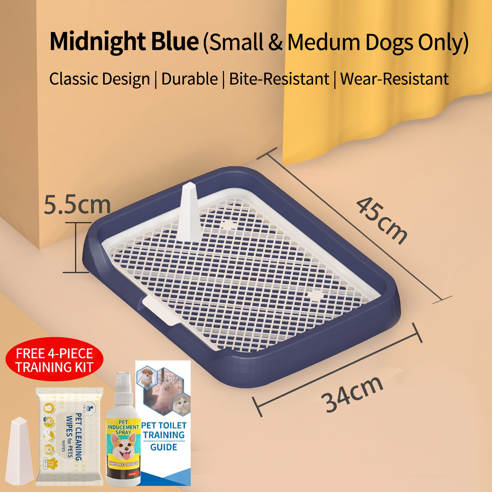 Pet toilet training tray with dimensions and accessories on a beige background