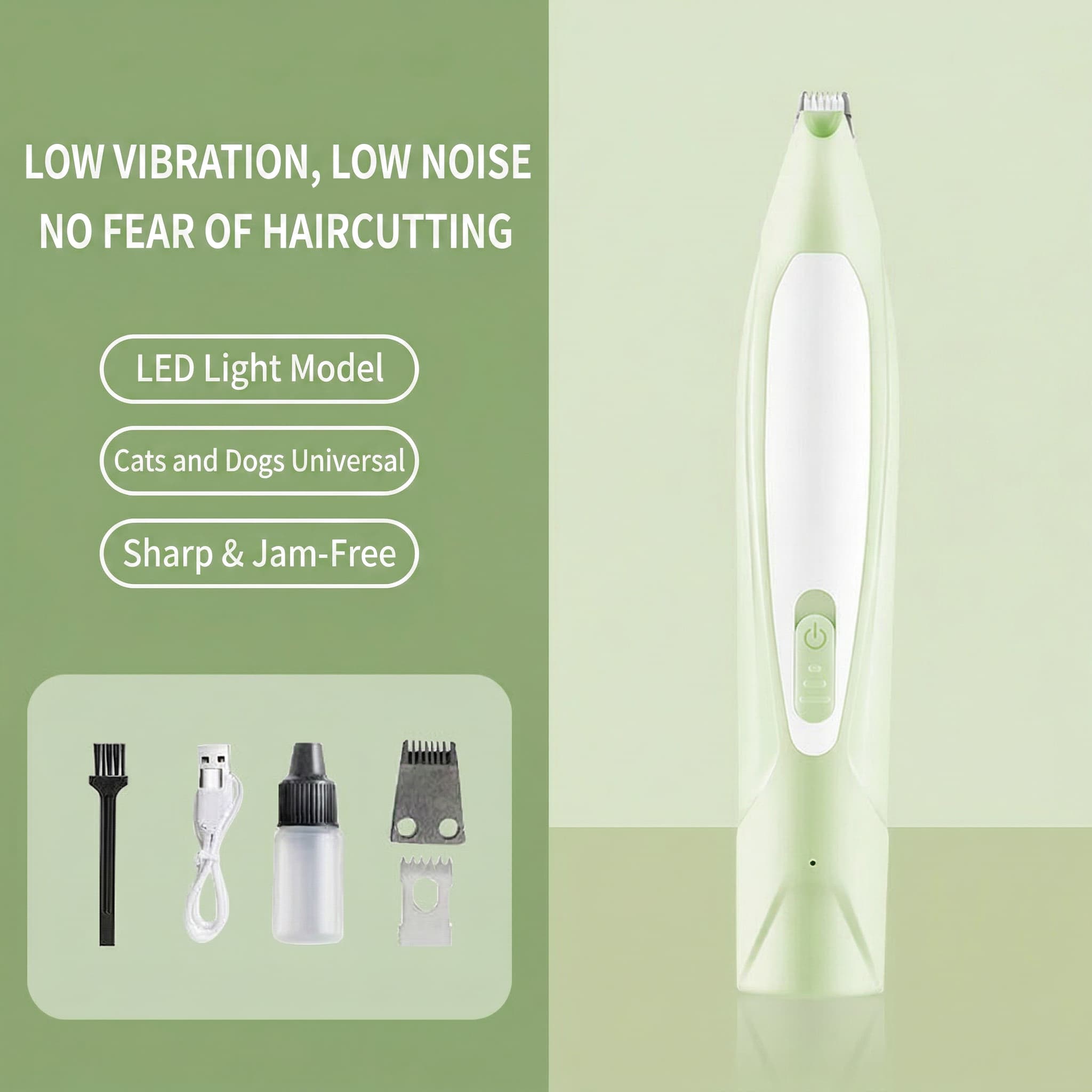 Pet grooming tool with LED light, attachments, and text on a green background
