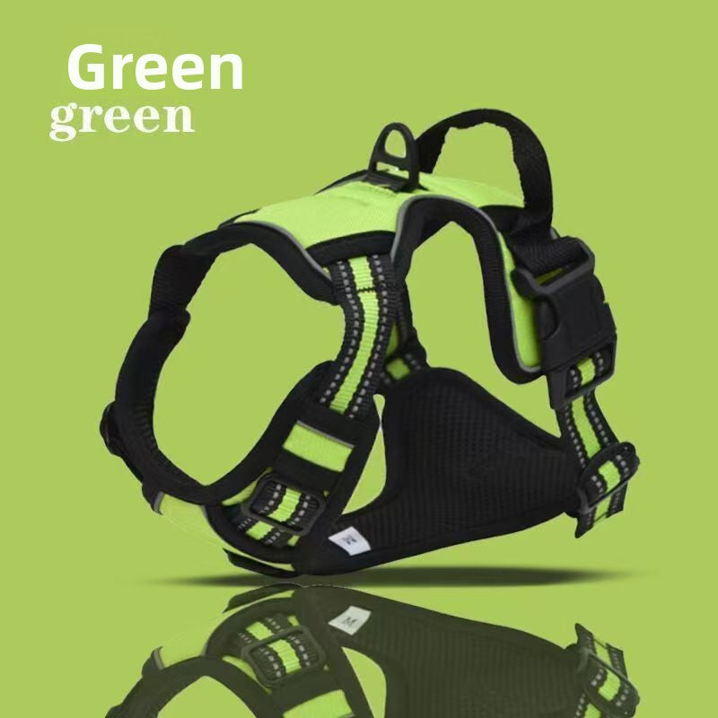 Dog harness with green and black design on a green background