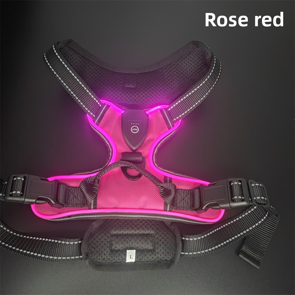 Rose red dog harness on a black background with 'Rose red' text.