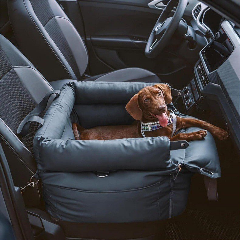 Dog sitting in a pet seat in a car