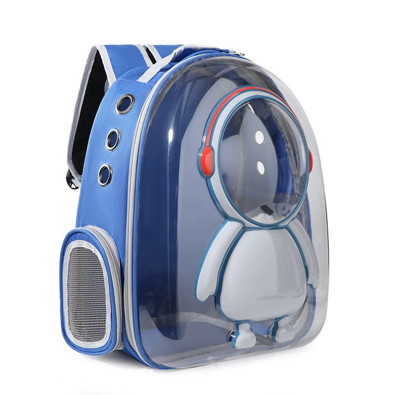 Blue backpack with a transparent front, featuring a cartoon character inside on a white background