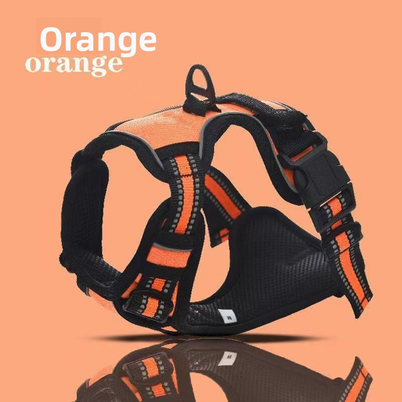 Black and orange dog harness on a peach background with 'Orange' text.