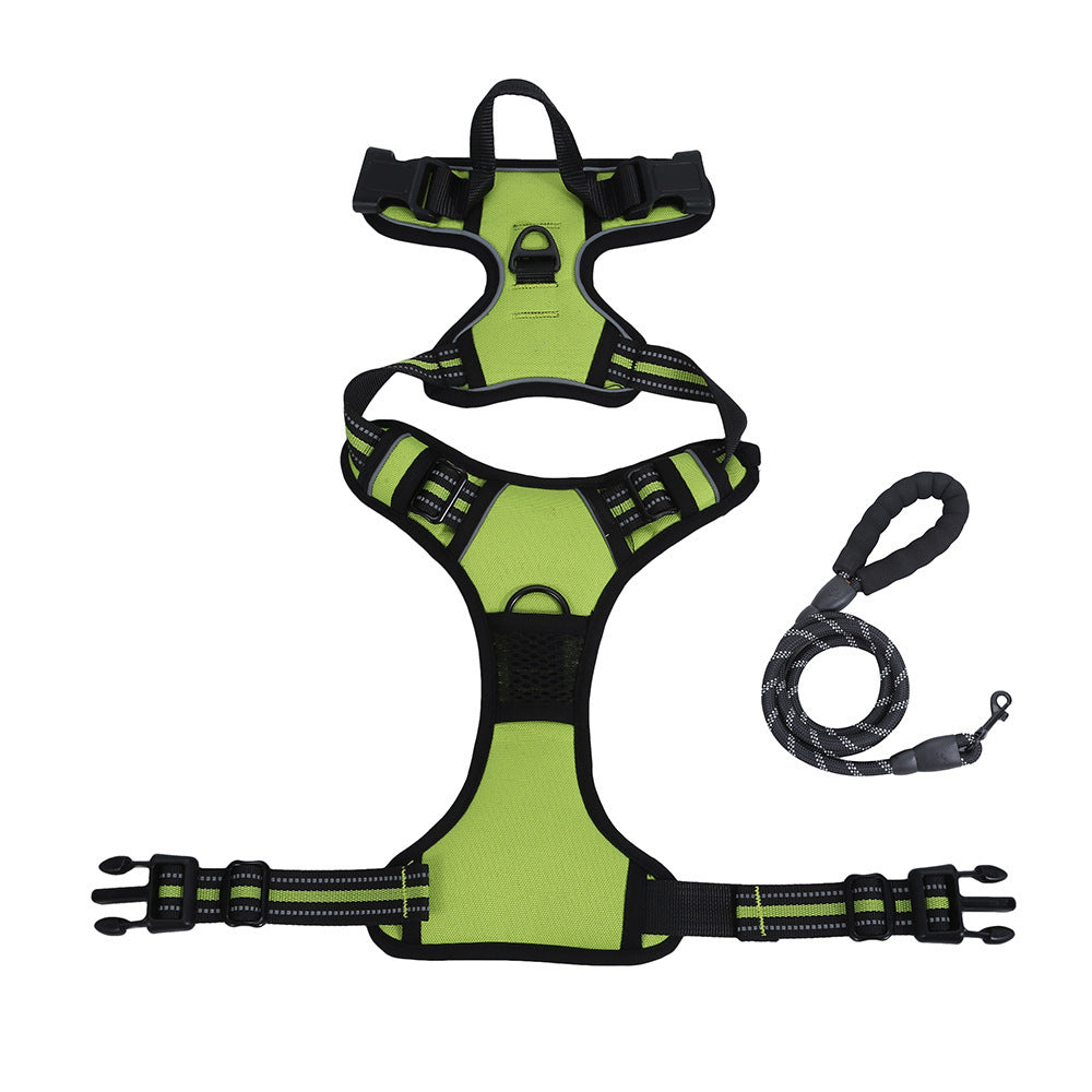 Green dog harness and leash set on a white background