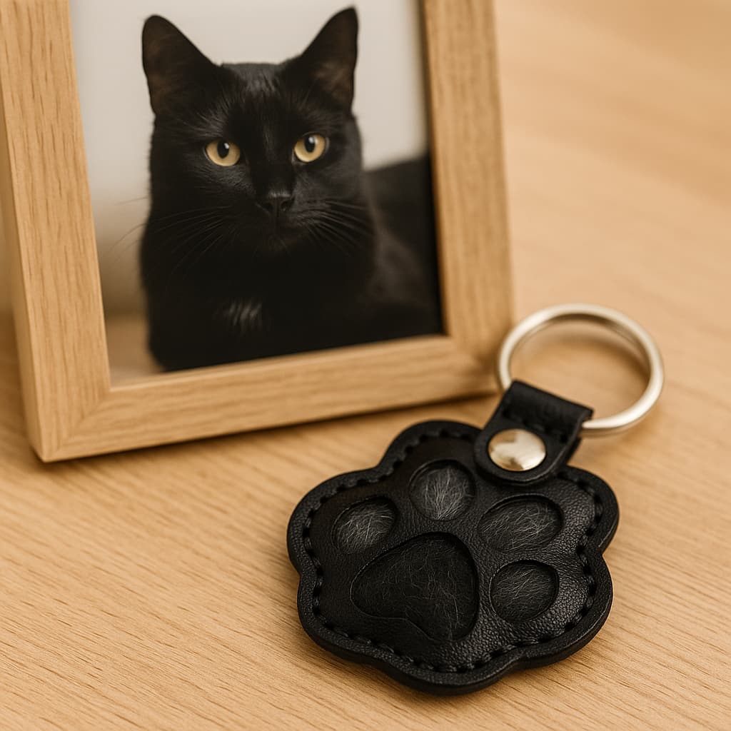 Black cat paw keychain in front of a mirror reflecting a black cat.