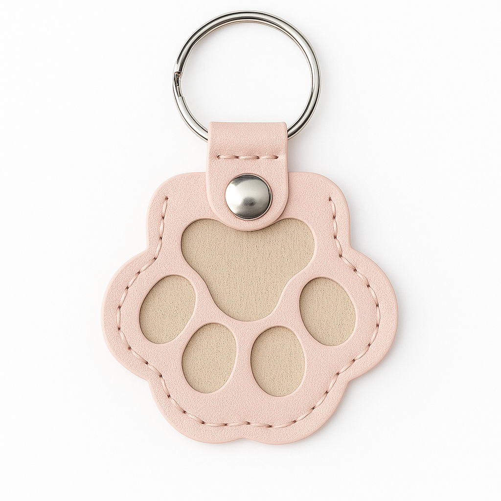 Pink paw-shaped keychain with a metal ring on a white background