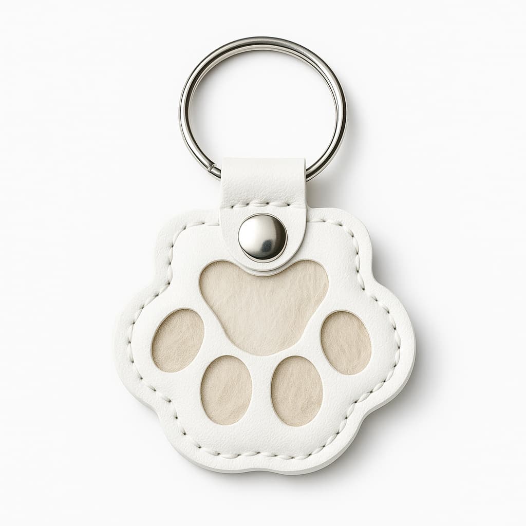 White leather keychain with paw print design on a white background