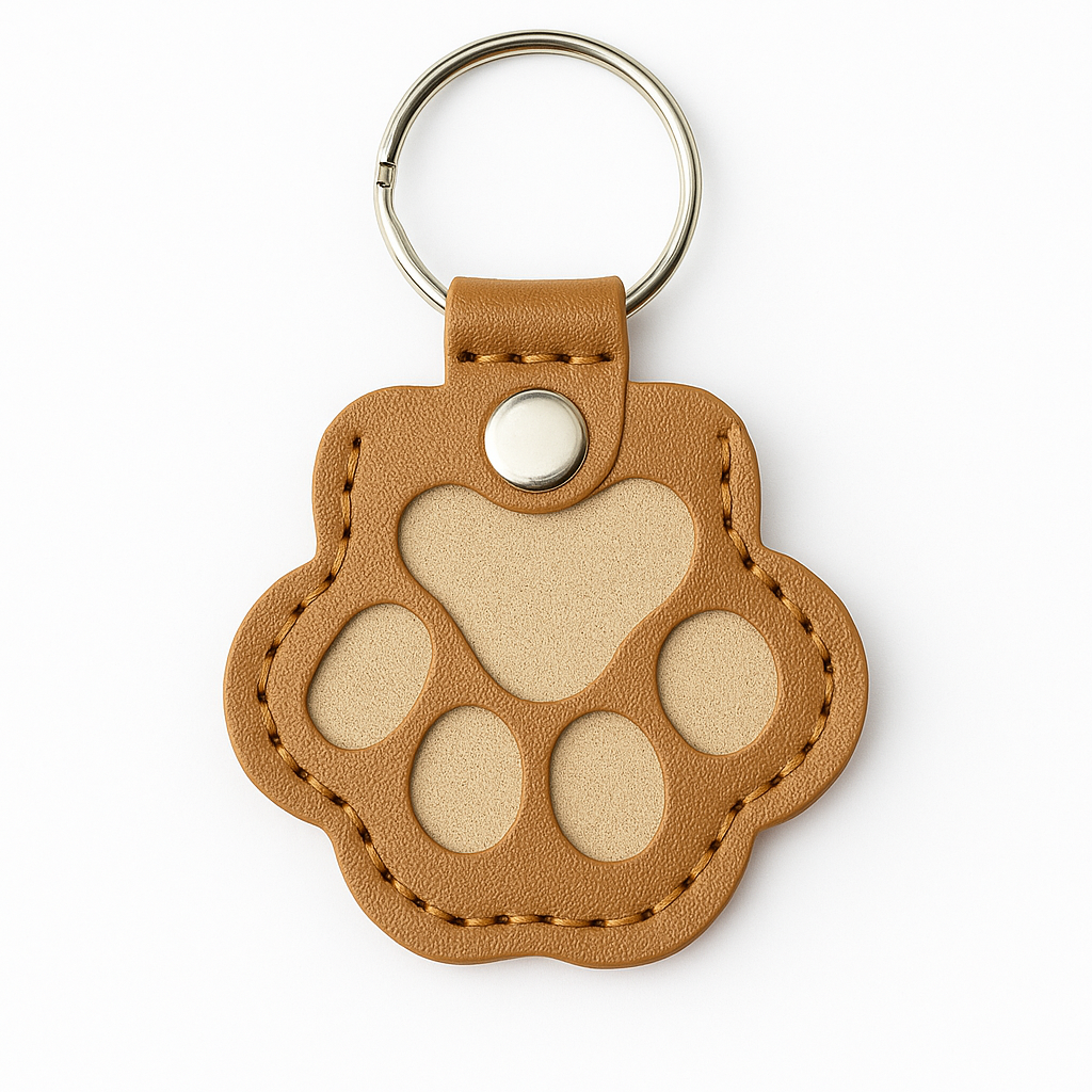 Brown leather keychain in the shape of a paw print on a white background