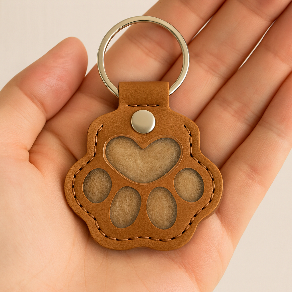 Brown leather keychain with paw design held in a hand against a beige background