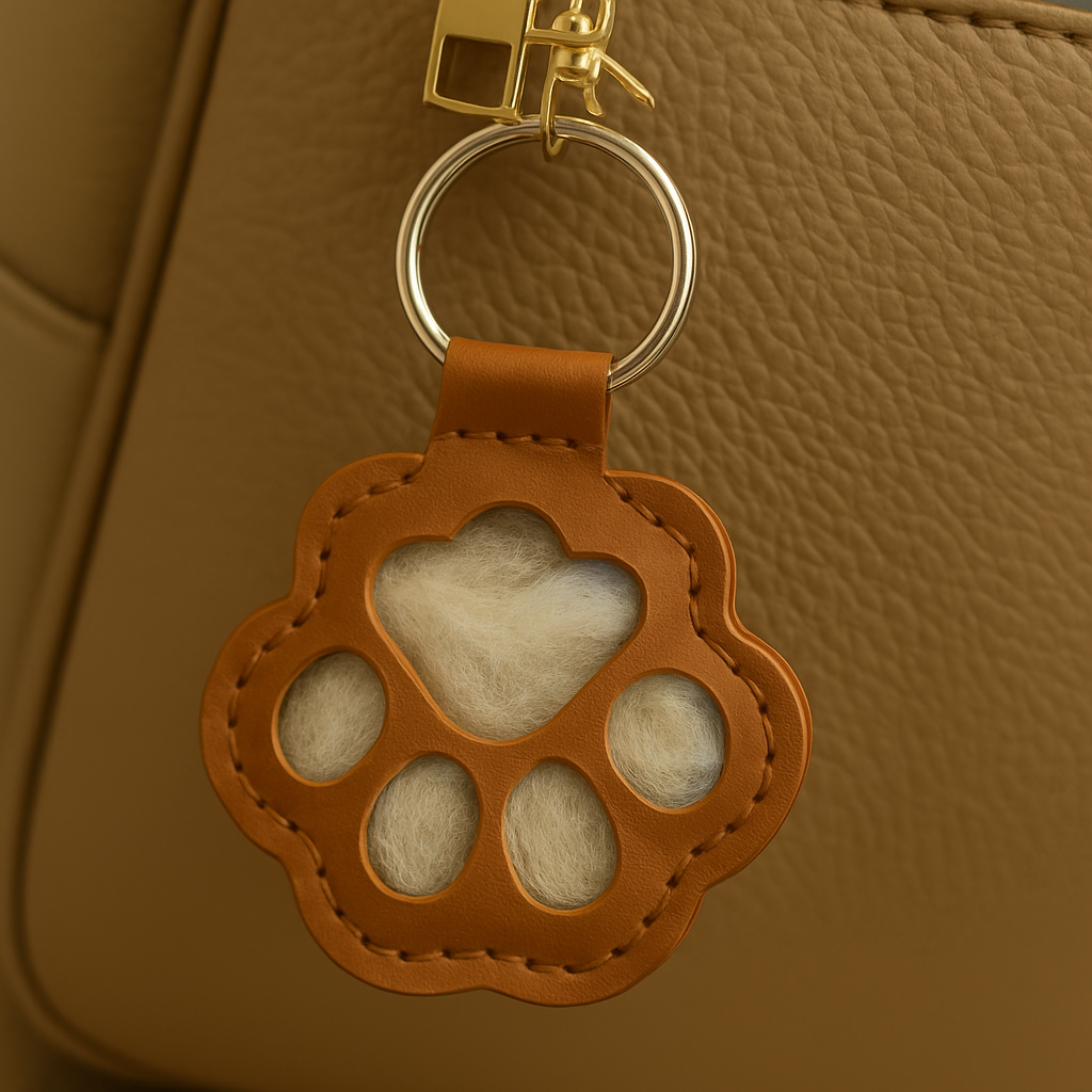 Brown leather keychain with paw design on a brown background