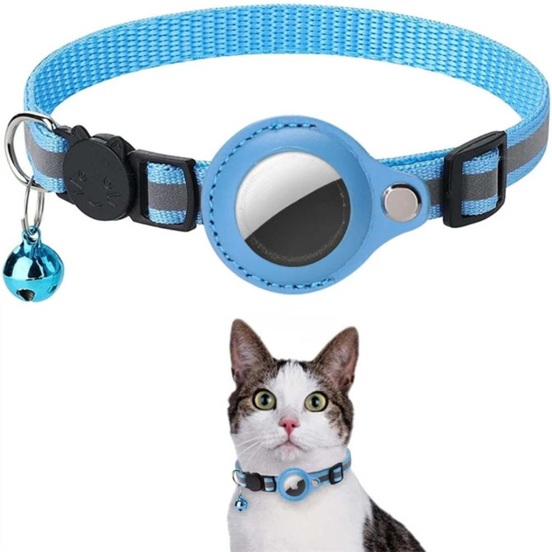 Blue pet collar with bell and reflective surface, worn by a cat on a white background