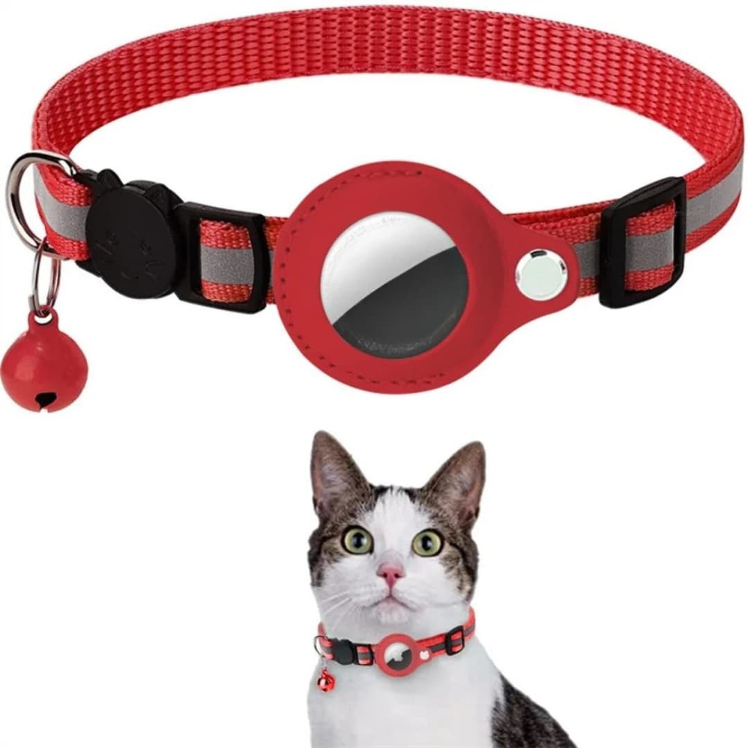 Red cat collar with a bell and reflective strip, worn by a cat on a white background