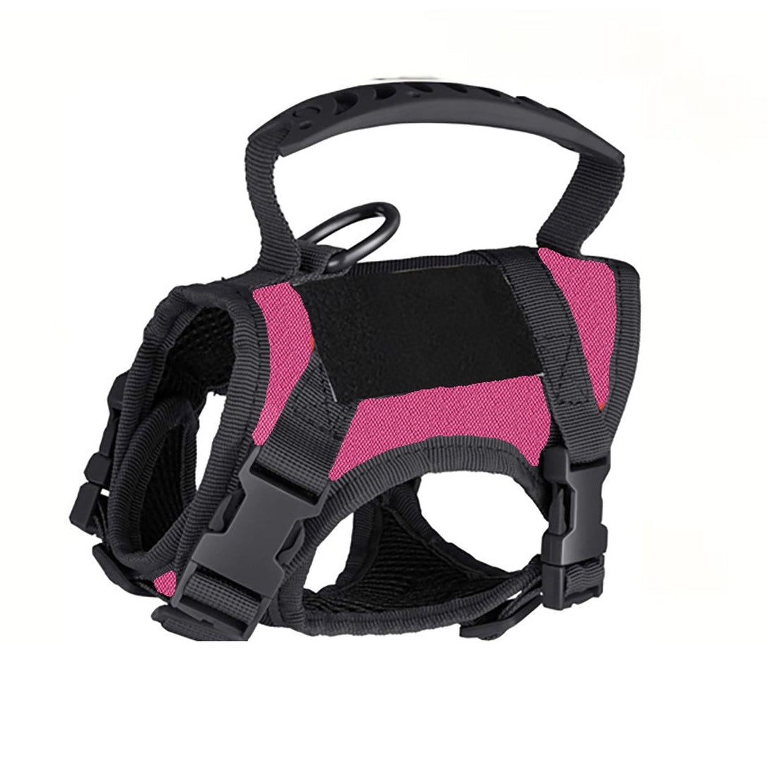 Black and pink dog harness on a white background