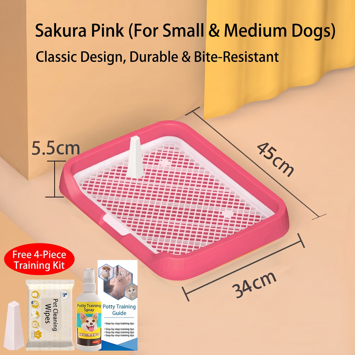 Pink dog toilet tray with dimensions and accessories