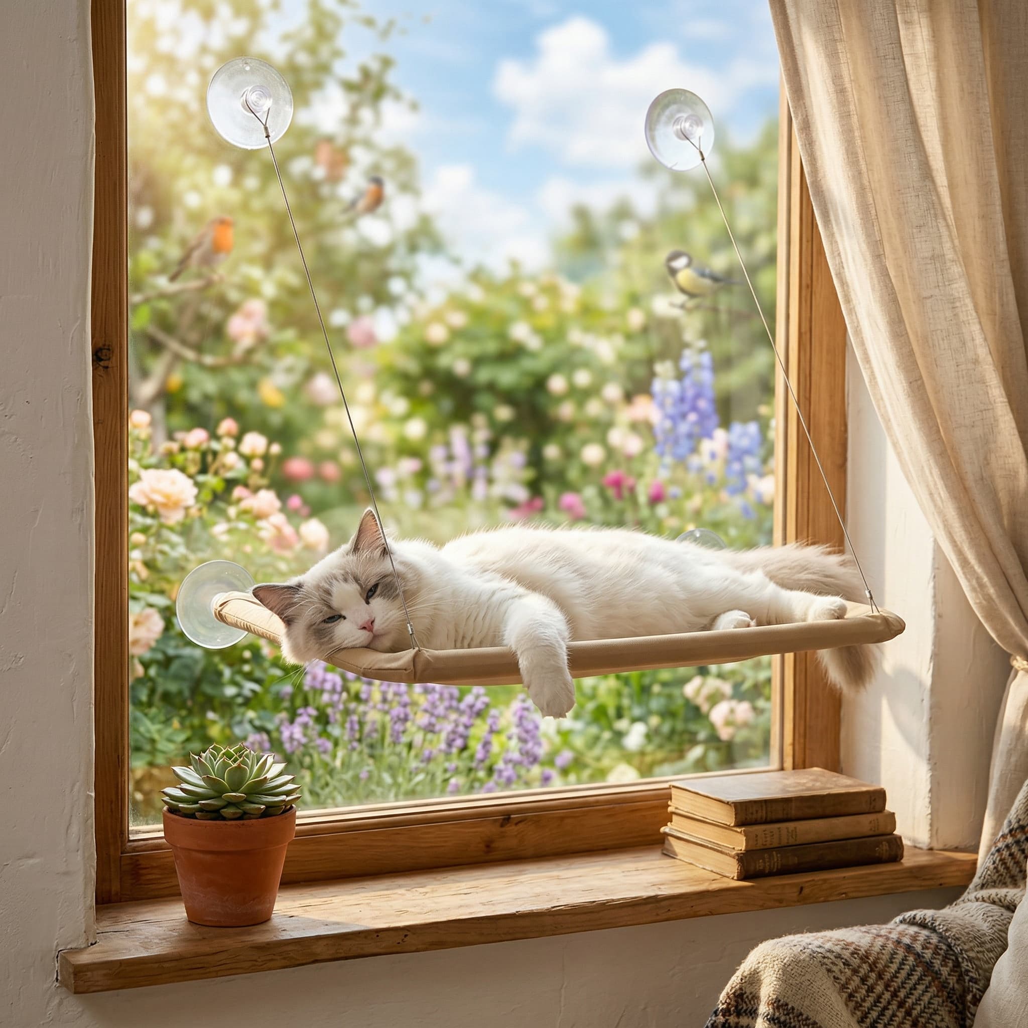 Cat lounging on a window-mounted hammock with a garden view