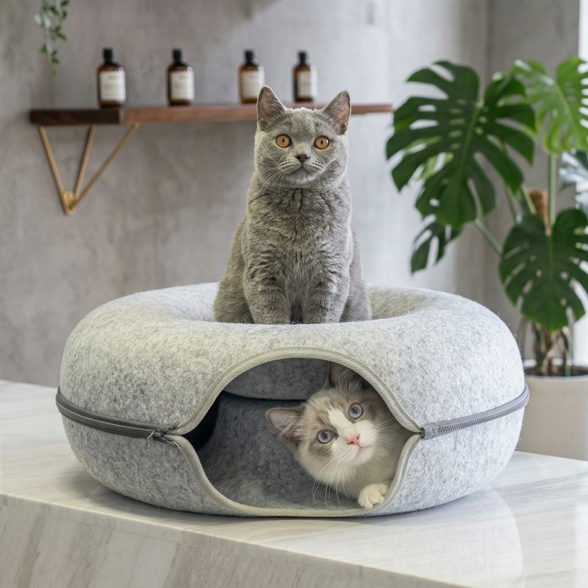 Two cats inside a donut-shaped pet bed on a table with a plant and shelf in the background.