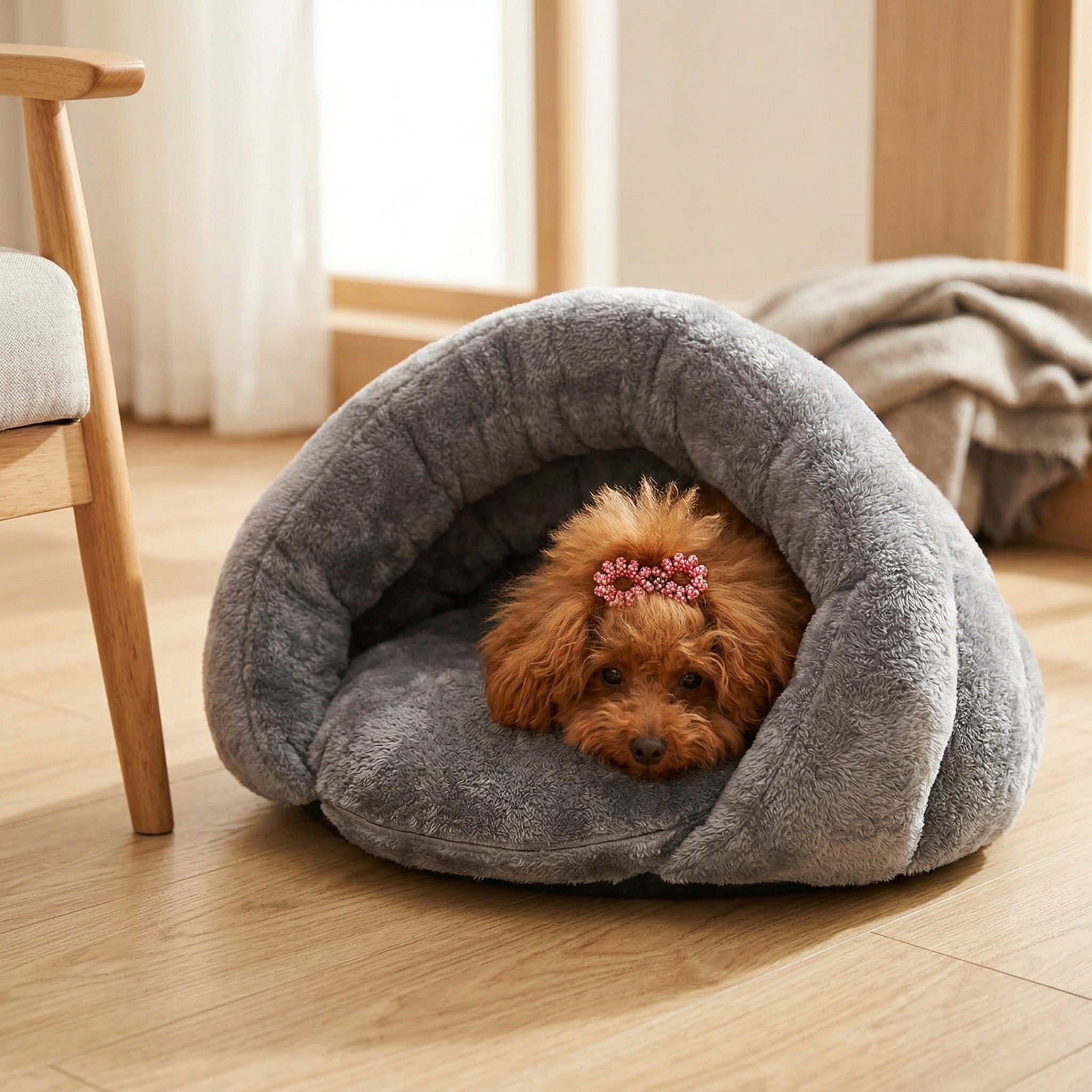 Small brown dog with a pink bow in a grey pet bed on a wooden floor.