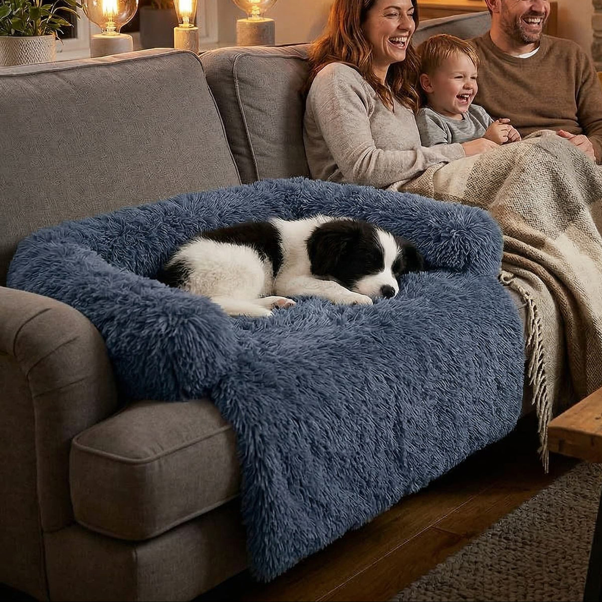 dog laying on blanket on sofa beside family