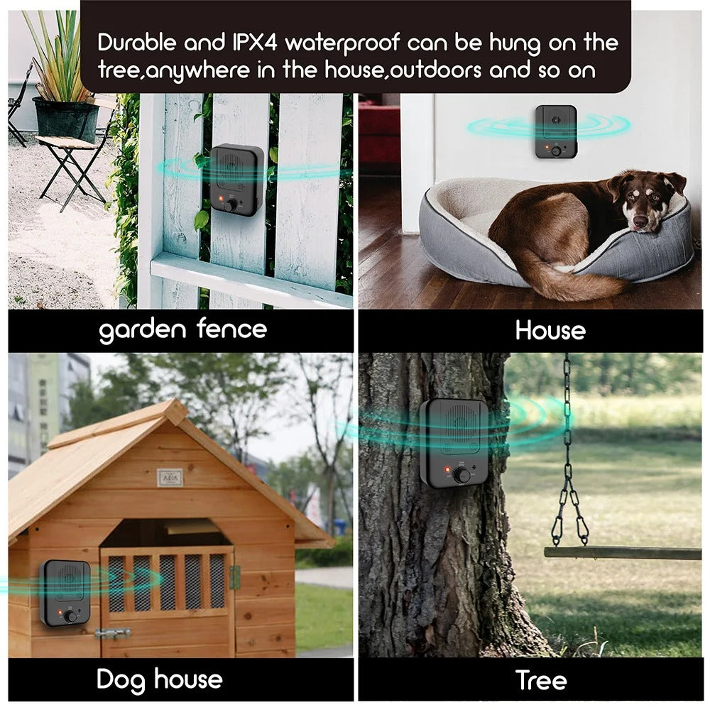 ultrasonic bark stopper being used on a garden fence, inside a house, on a dog house, and on a tree.