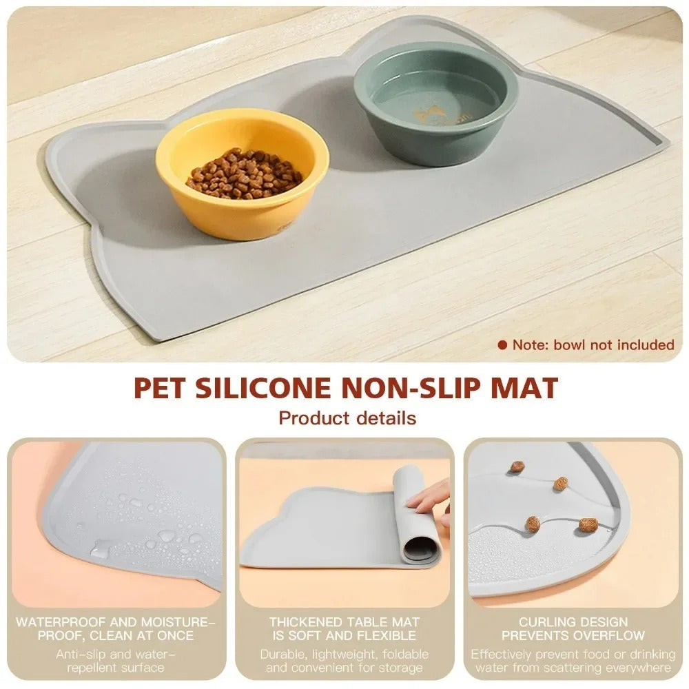 Pet silicone non-slip mat with bowls on a wooden floor
