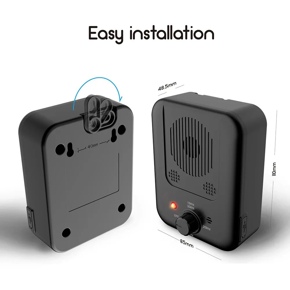 Black ultrasonic bark stopper with measurement details on a white background