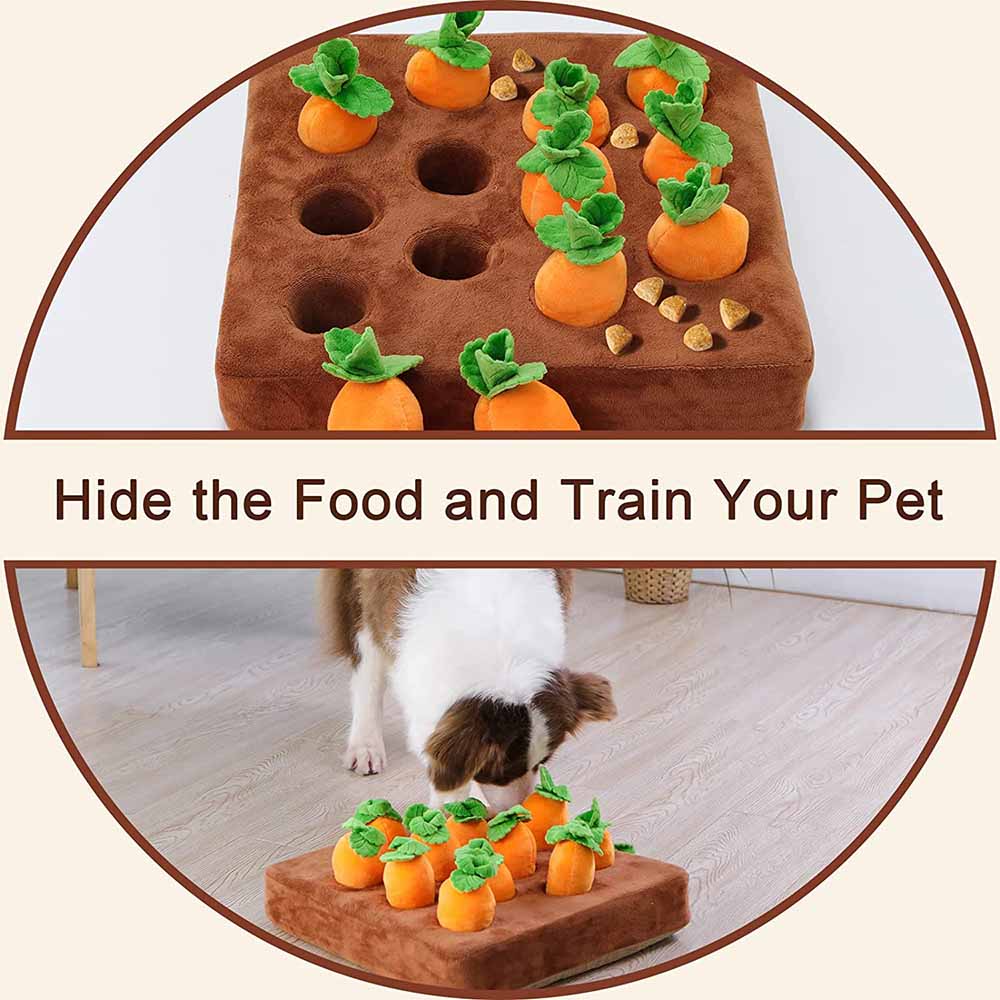 Pet puzzle toy with carrots and a dog interacting with it
