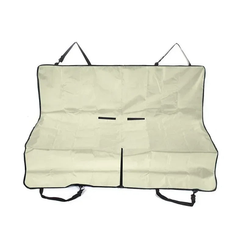 Beige car seat cover with straps on a white background