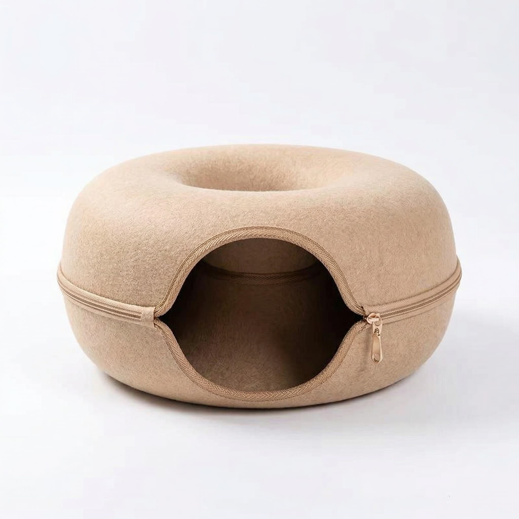 Beige pet bed with a zipper on a white background