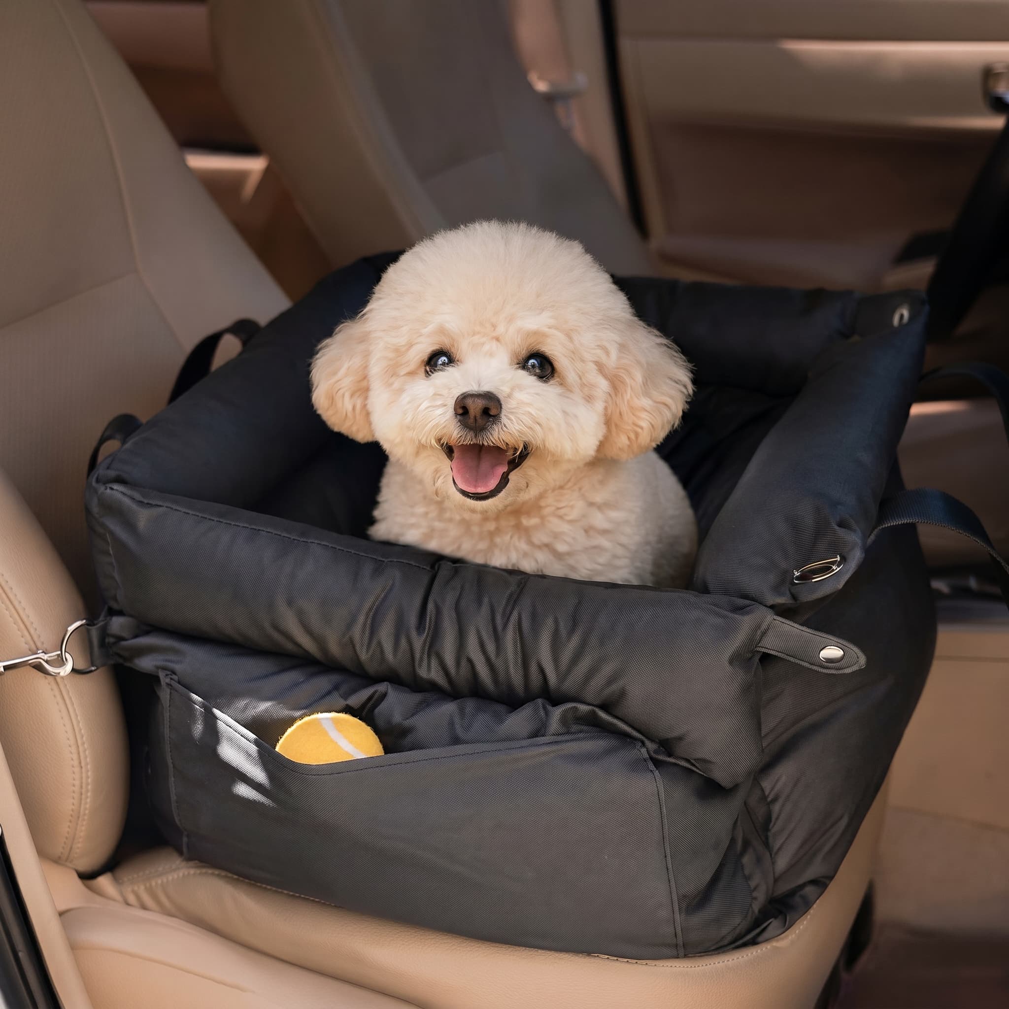 Dog in a black pet seat in a car with a tennis ball inside