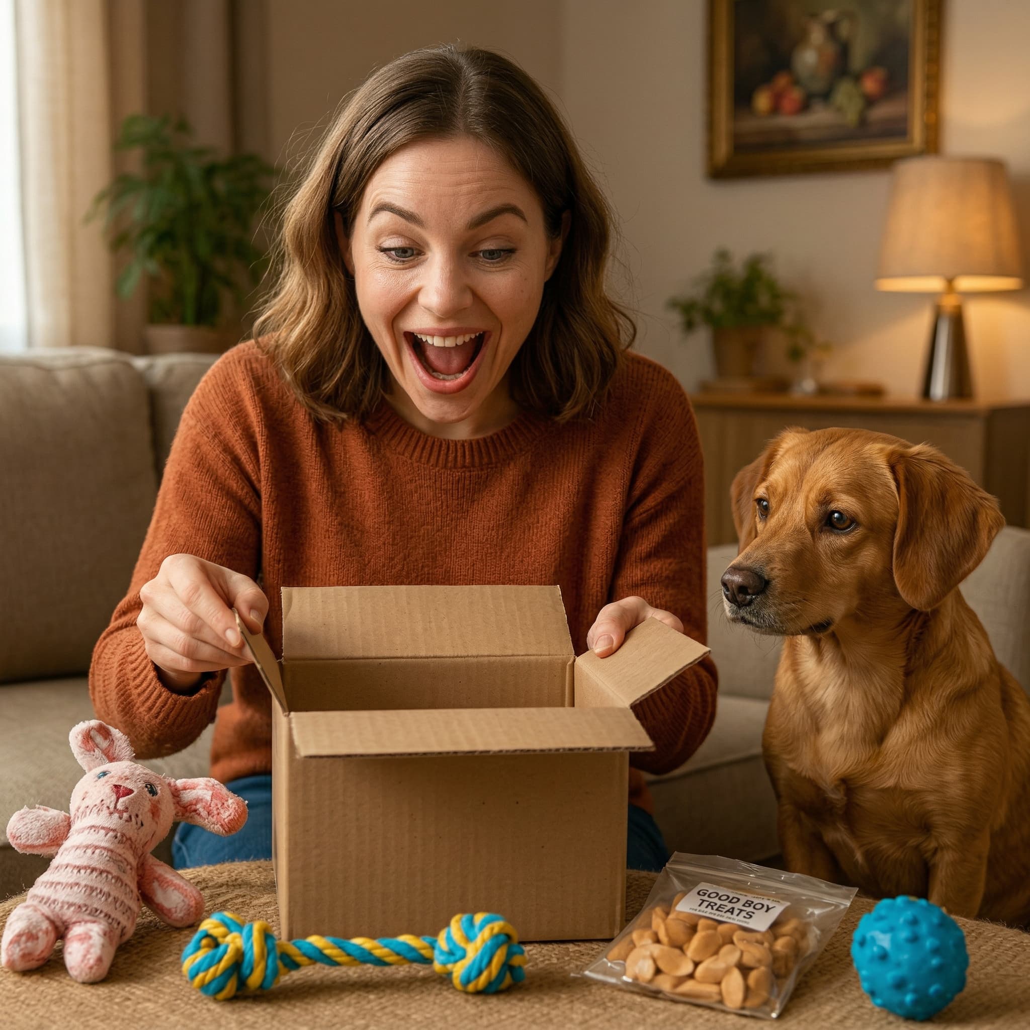 Woman opening a cardboard box with a dog sitting next to her in a cozy living room.