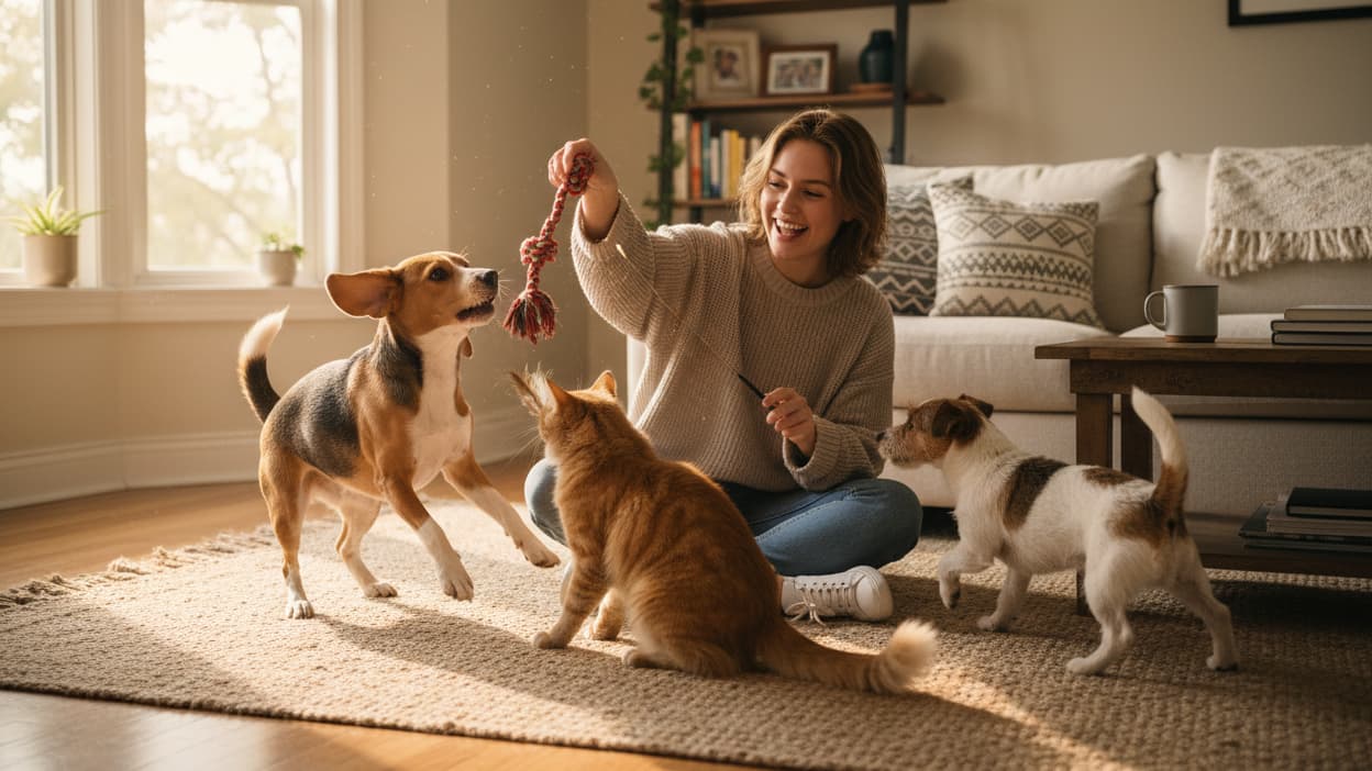 Woman playing with two dogs and a cat in a living room.