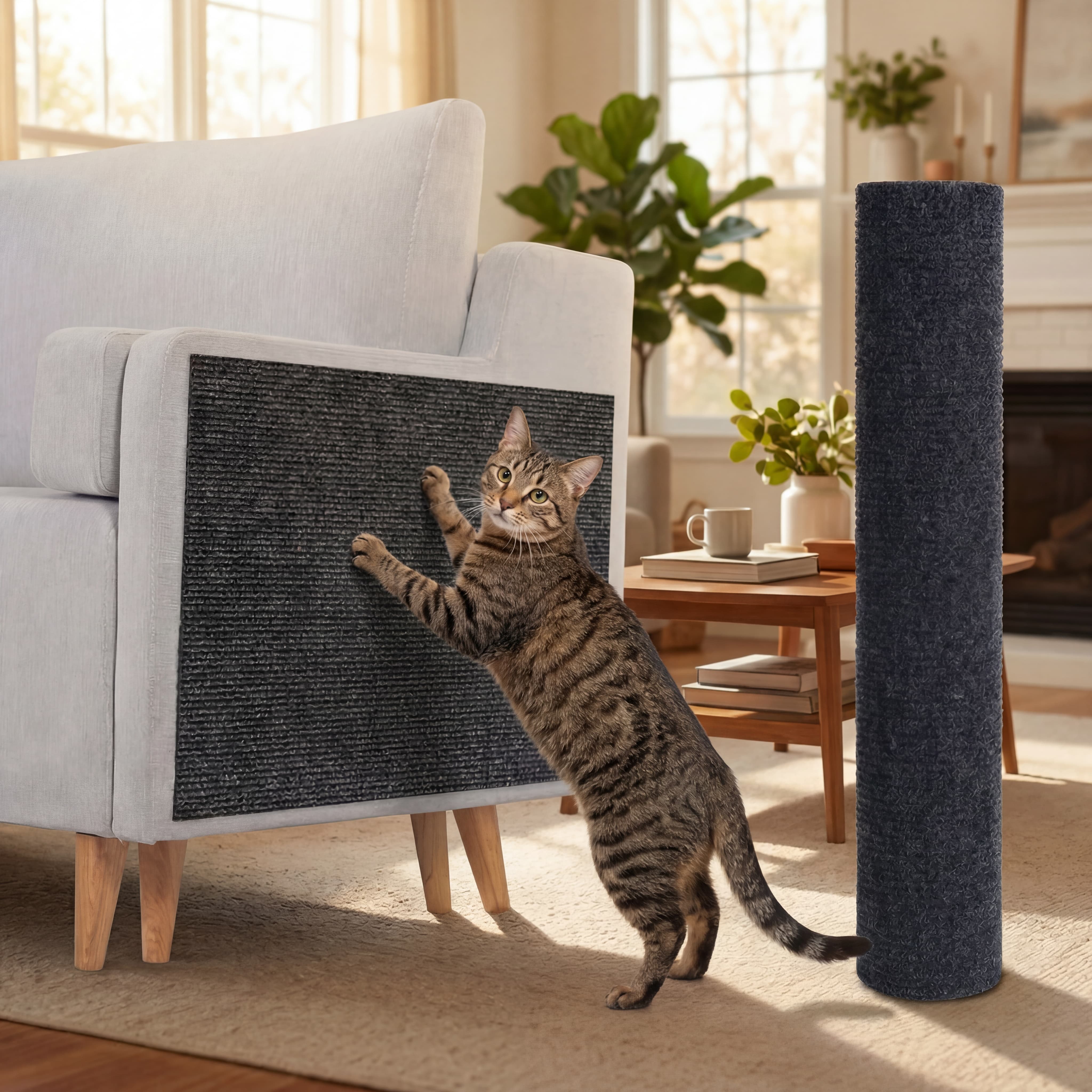 Cat using a scratching post on a grey armchair in a living room.