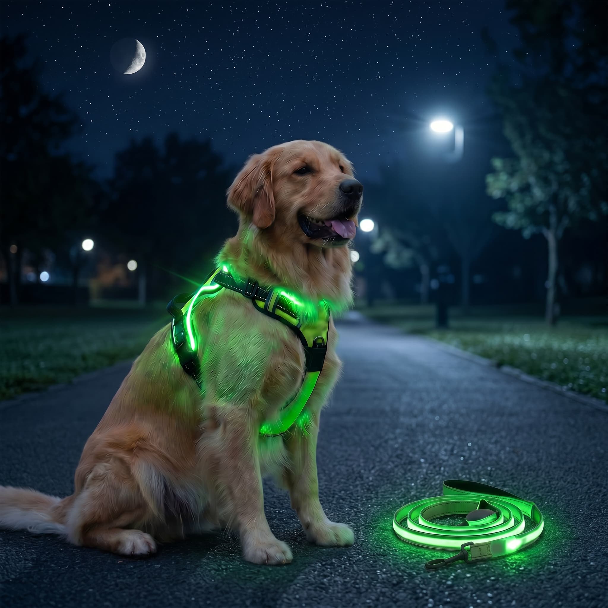 Dog wearing a green luminous harness and leash in a park at night.