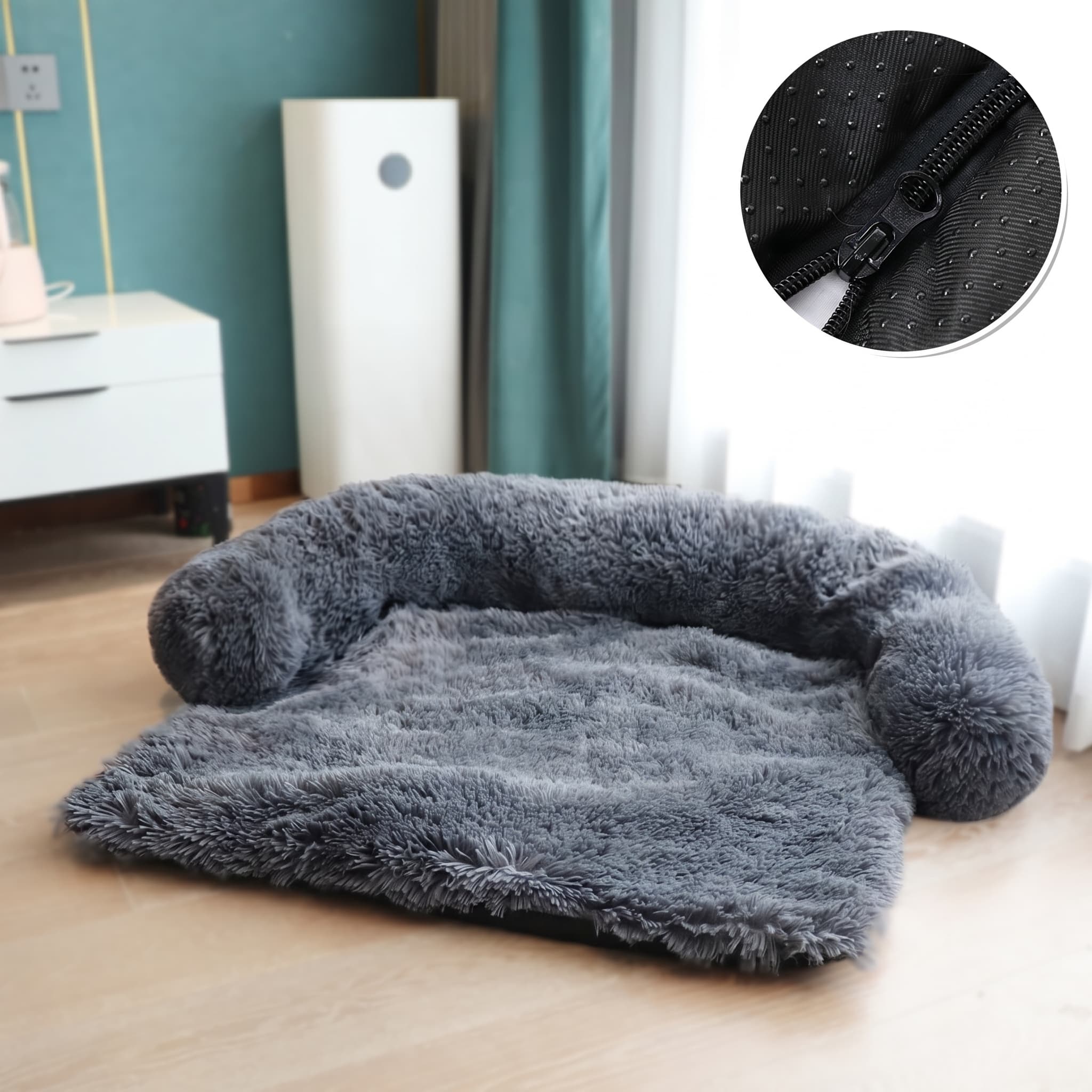 Fluffy grey pet bed on a wooden floor with a close-up of a zipper detail.