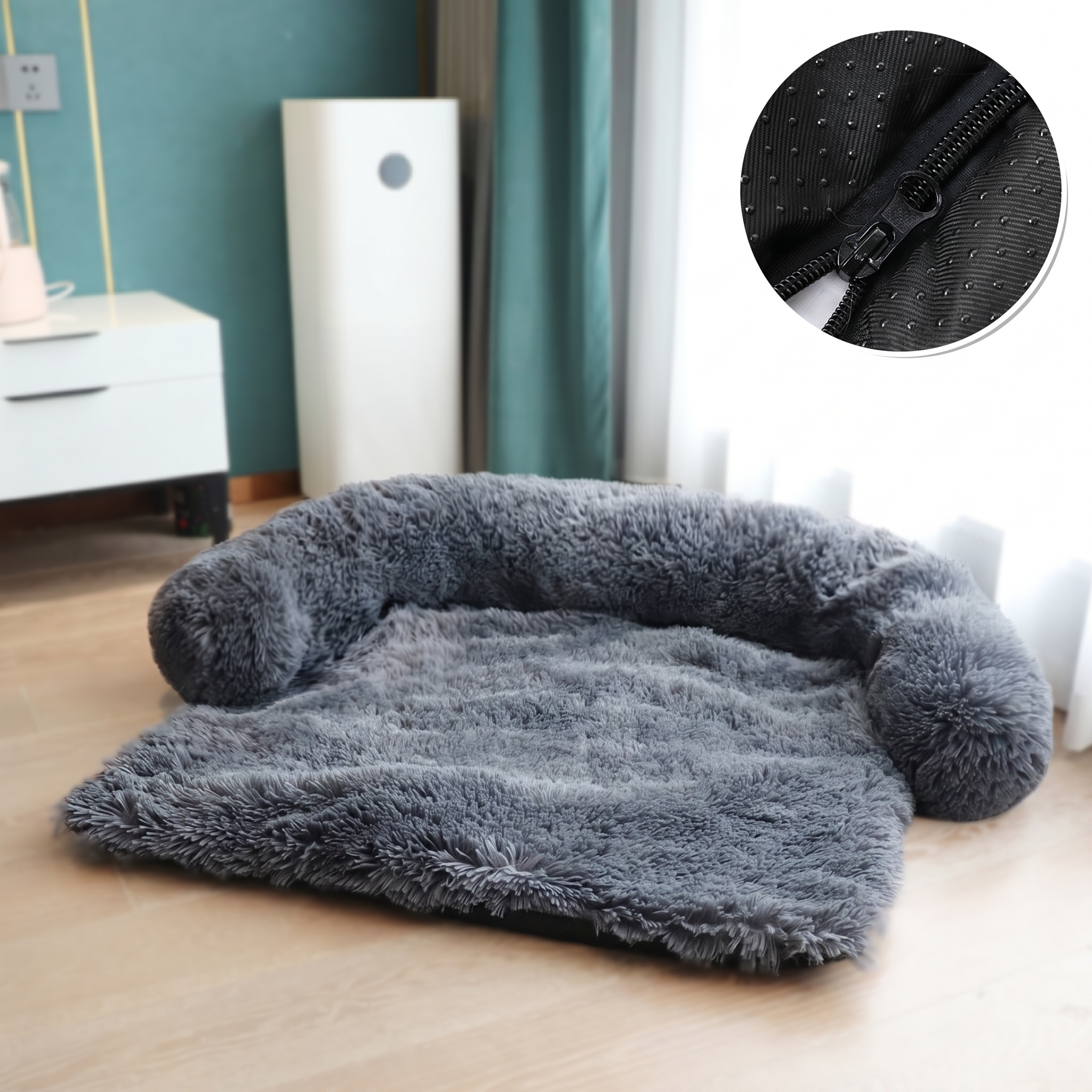 Fluffy grey pet bed on a wooden floor with a close-up of a zipper detail.