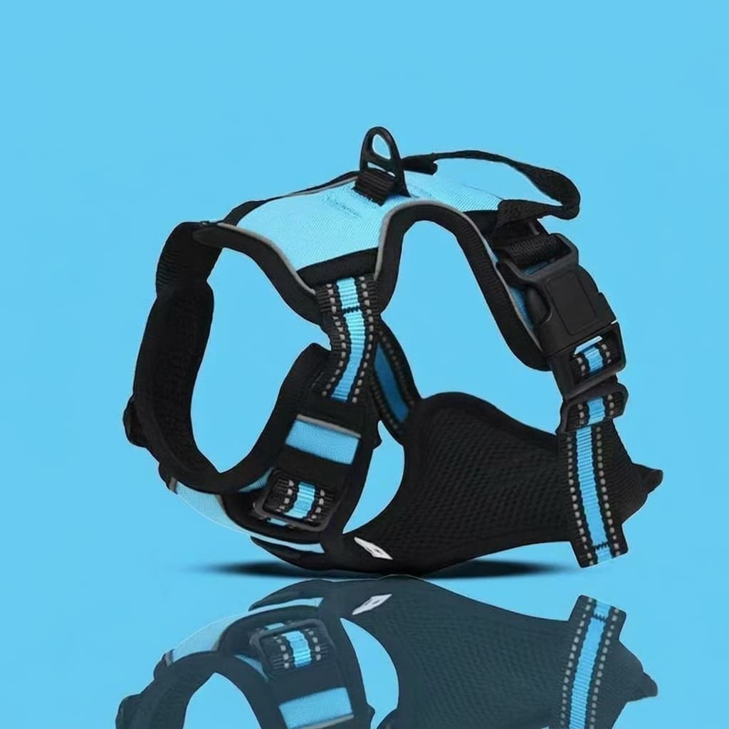 A light blue and black dog harness with reflective details, displayed on a reflective light blue surface.