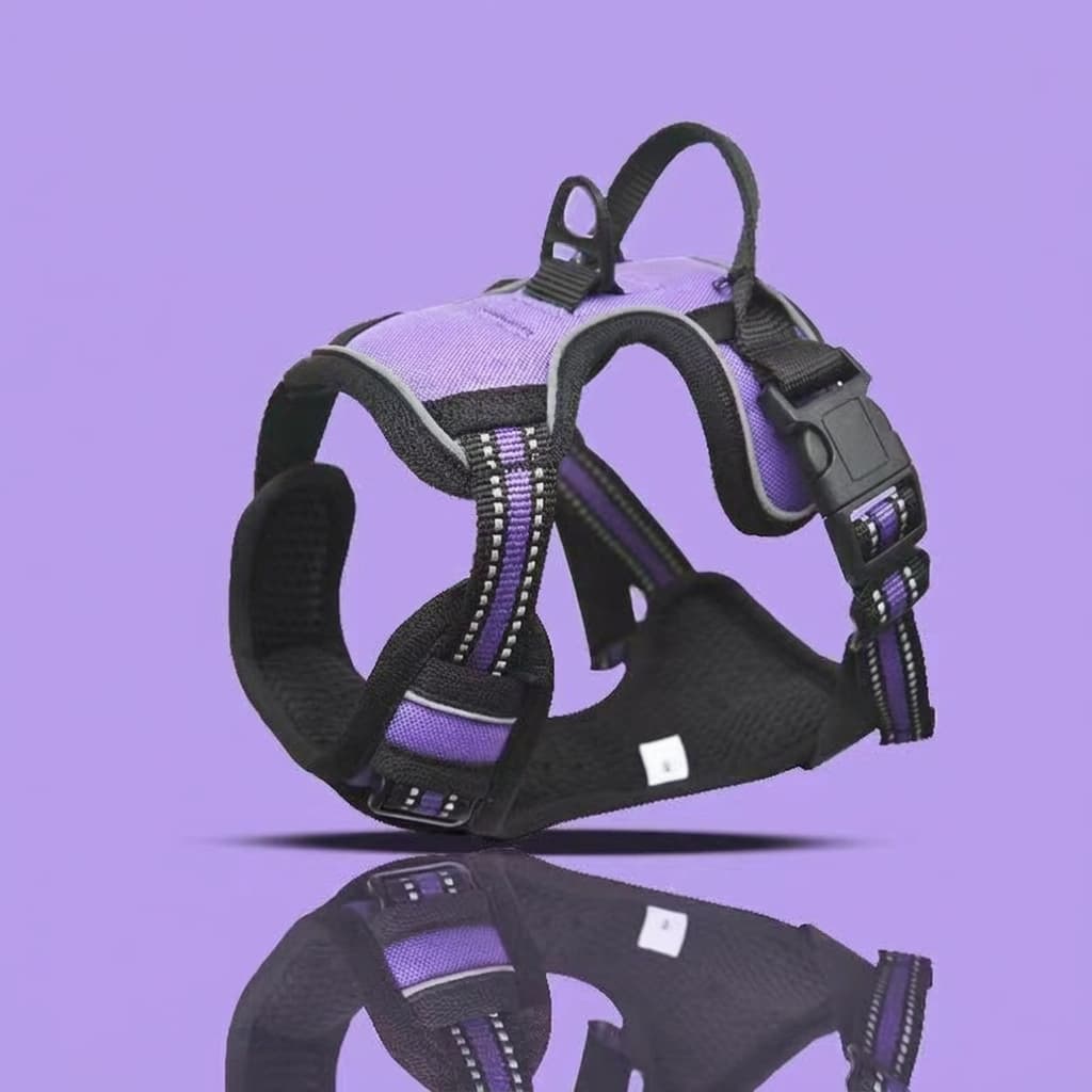 A purple and black dog harness with reflective trim, shown on a solid purple background with a reflection below.