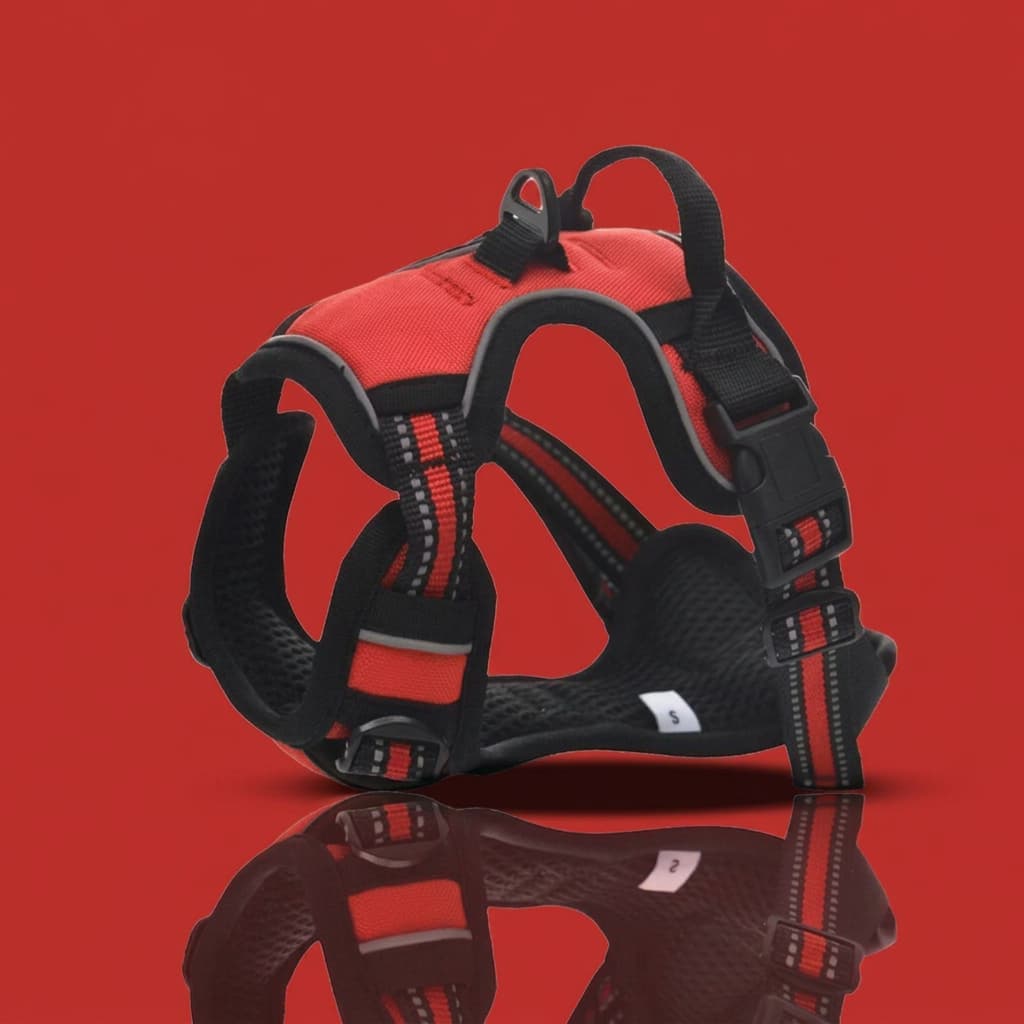 A red and black dog harness with adjustable straps and reflective stitching, shown on a solid red background with a dark reflection below.