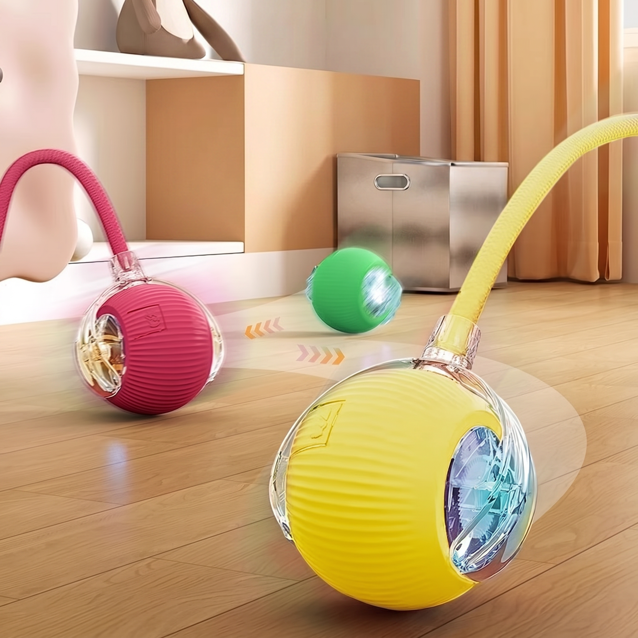 Colourful dog exercise balls with ropes on a wooden floor.