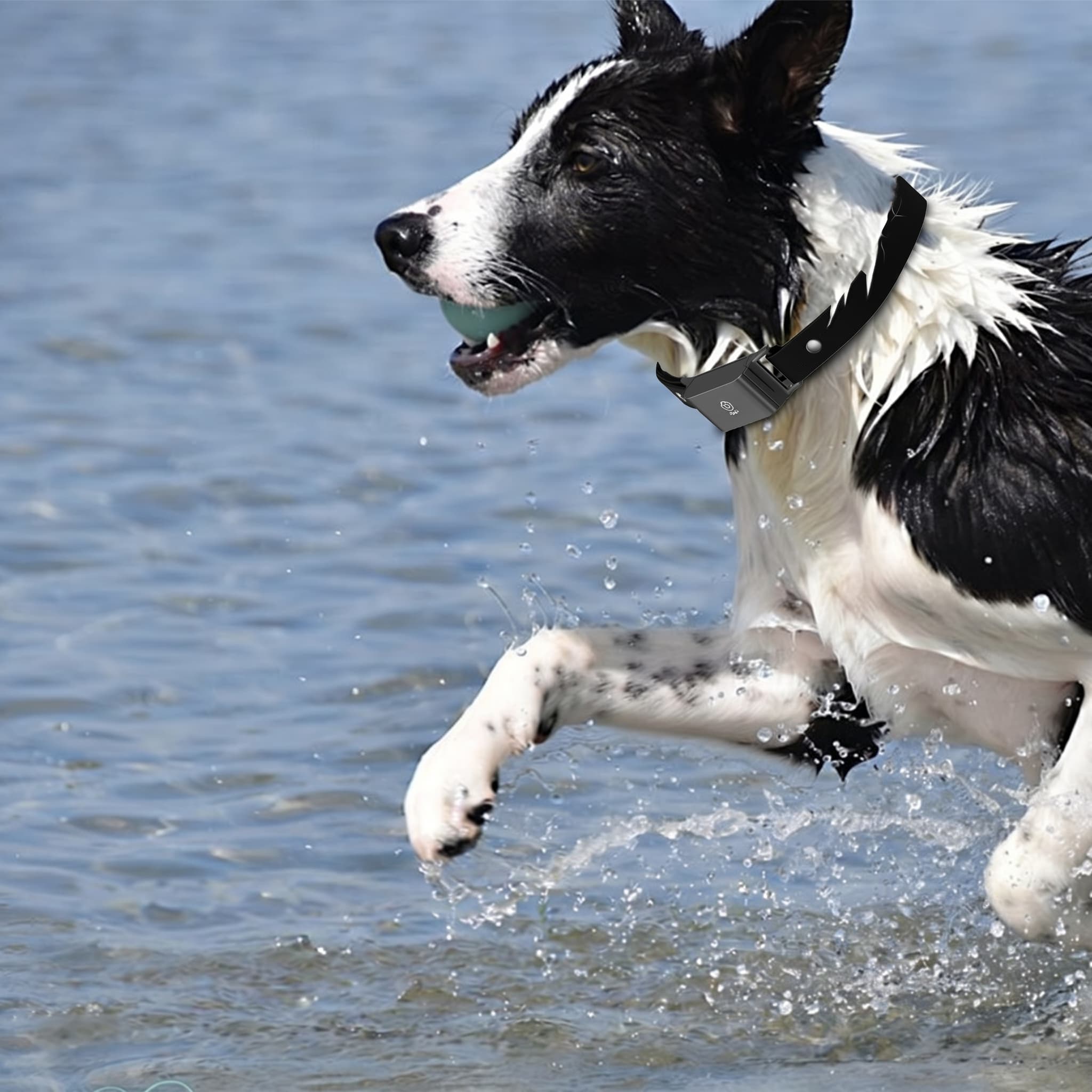 Black and white dog running on water with a ball in its mouth wearing a GPS dog collar