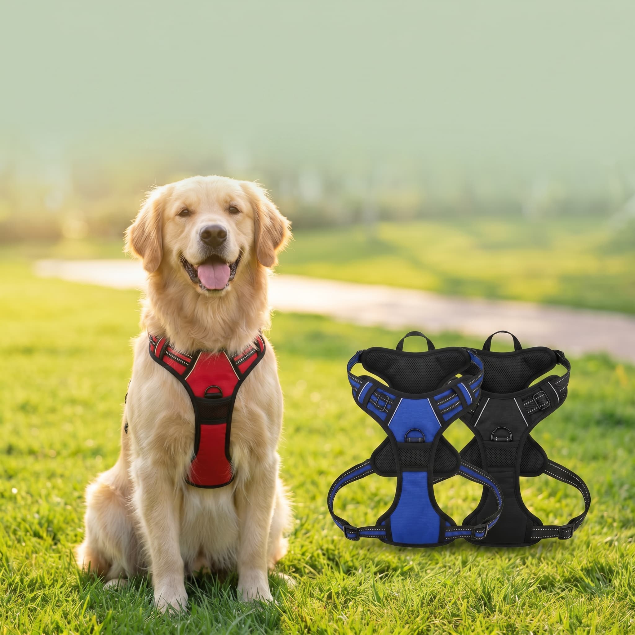 Dog sitting on grass wearing a red harness with two additional harnesses, one blue and one black, displayed next to it.