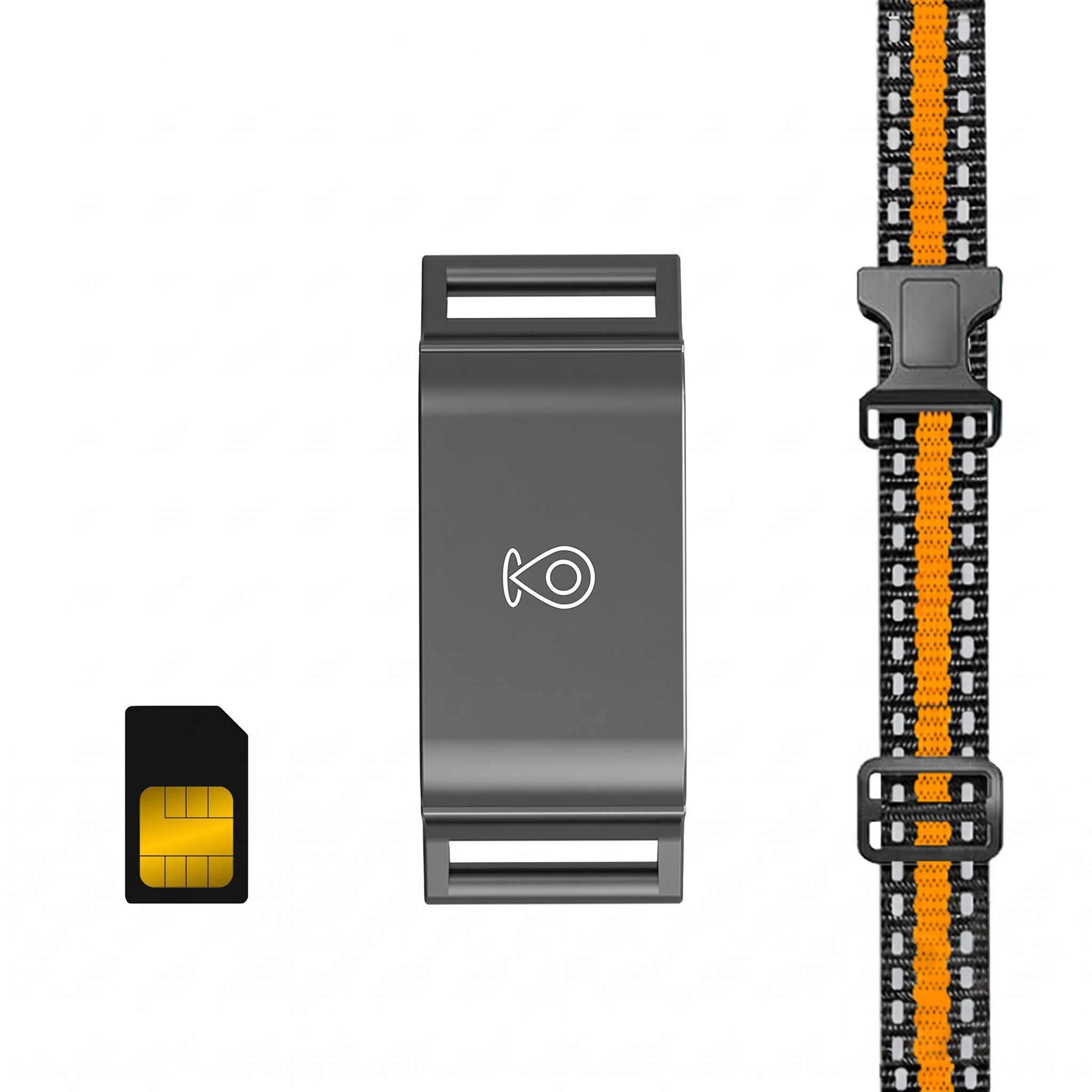 GPS dog collar components including a black strap, SIM card tray, and orange and grey strap on a white background.