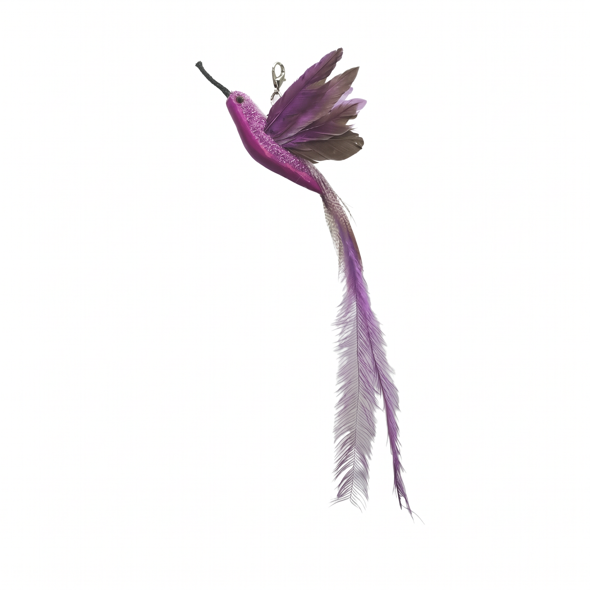 Purple feathered keychain on a white background