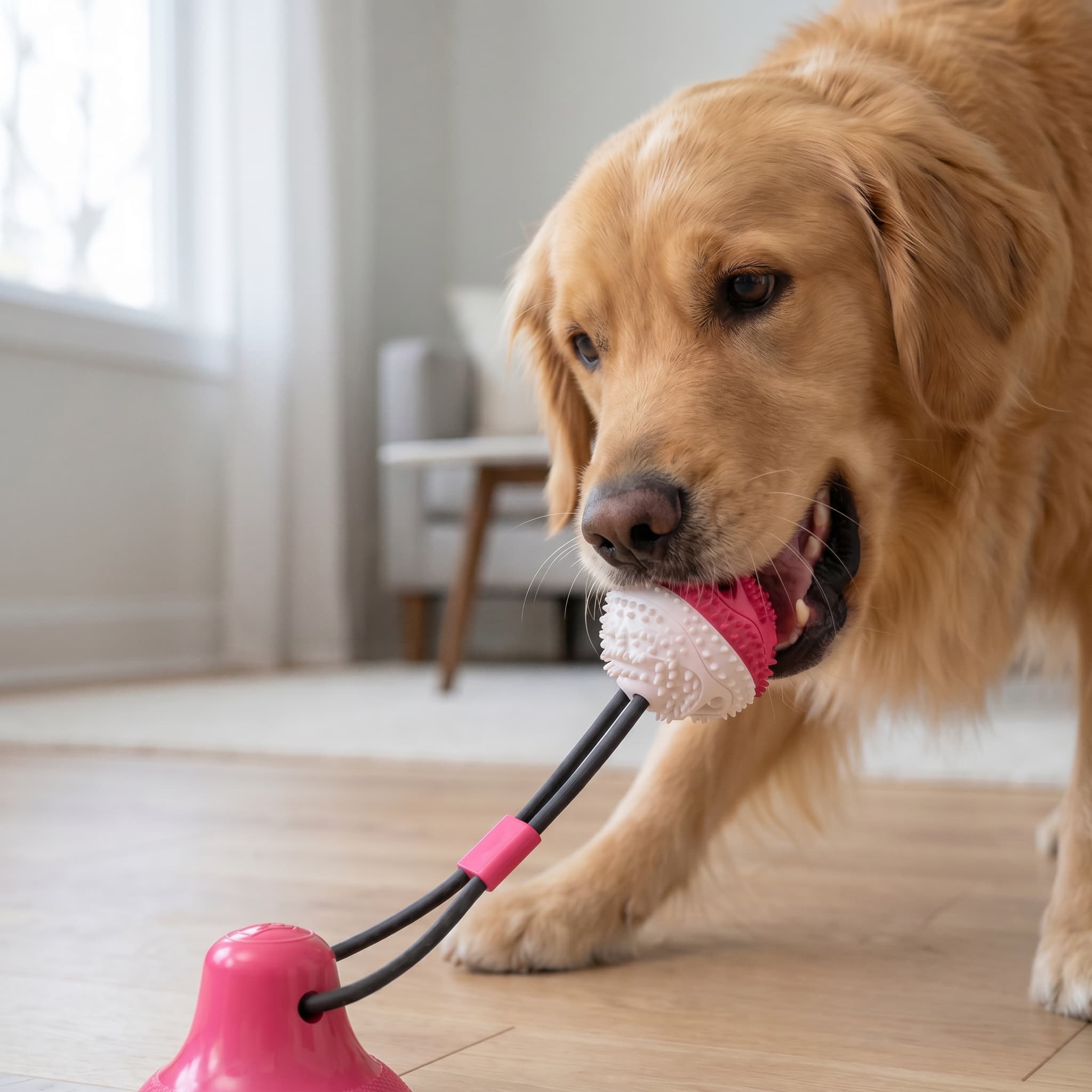 Dog playing with a pink toy indoors
