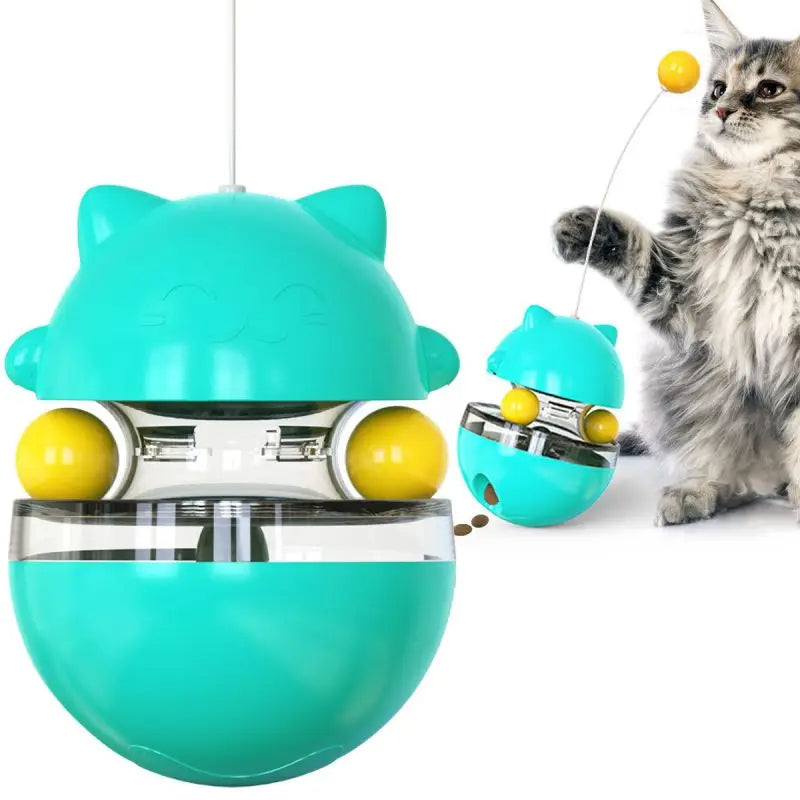 Turquoise cat toy with yellow balls and a cat interacting with it on a white background