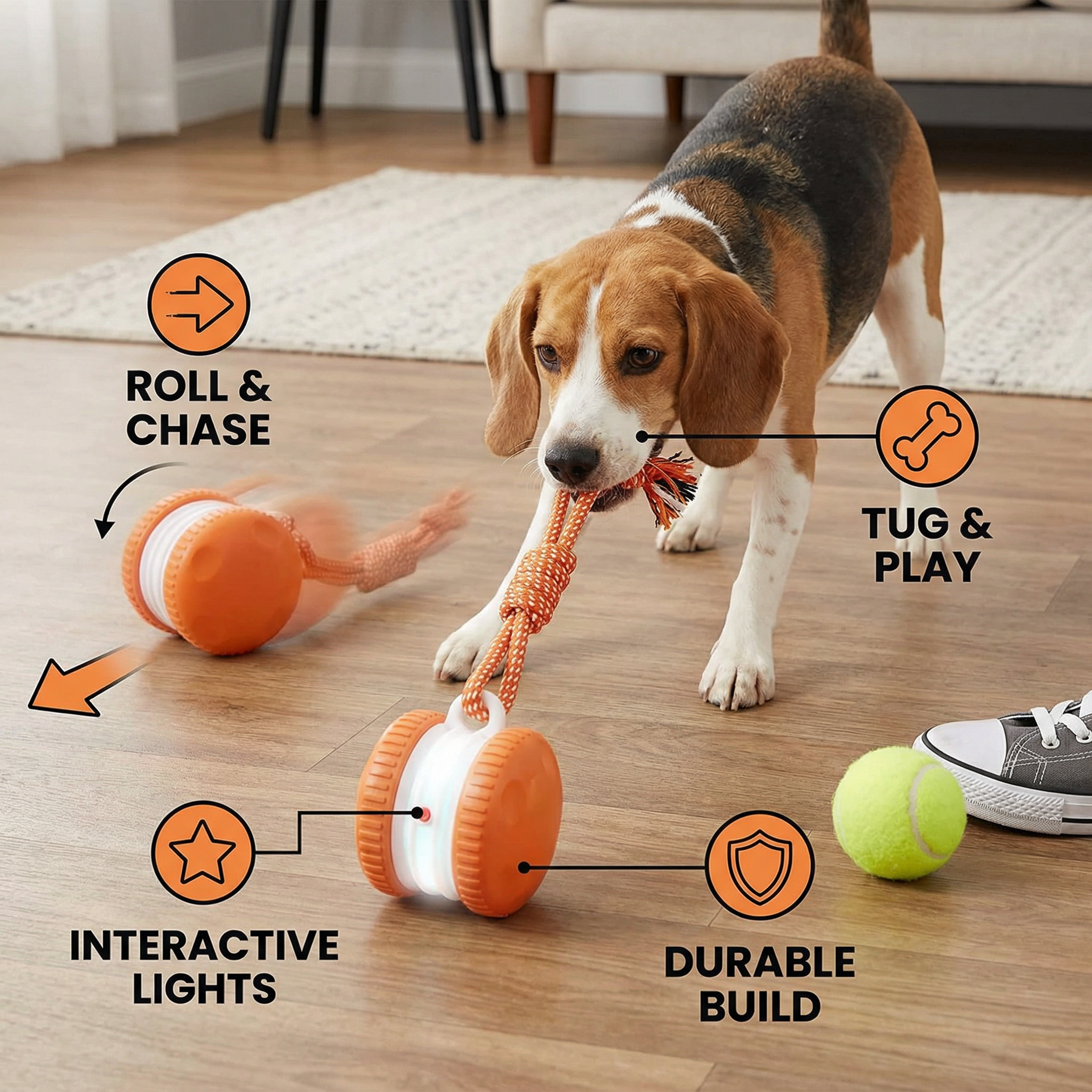 Dog playing with a toy on a wooden floor, with text highlighting features like roll & chase, tug & play, interactive lights, and durable build.